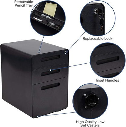Flash Furniture Wren Ergonomic 3-Drawer Mobile Locking Filing Cabinet with Anti-Tilt Mechanism and Hanging Drawer for Legal & Letter Files, Black