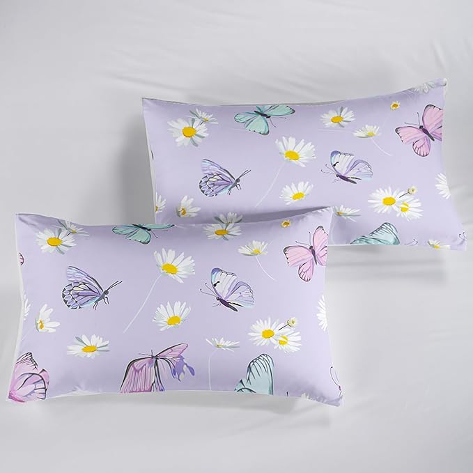 Butterfly Comforter Set for Kids Teens Girls Women,Daisy Kids Comforter,1 Comforter with 2 Pillowcase, Microfiber 3 Piece Bedding Set,for All Seasons(Purple，Twin Size)