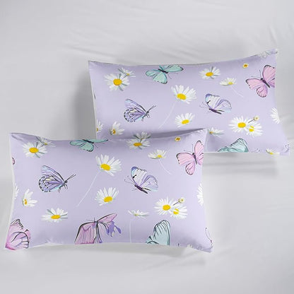 Butterfly Comforter Set for Kids Teens Girls Women,Daisy Kids Comforter,1 Comforter with 2 Pillowcase, Microfiber 3 Piece Bedding Set,for All Seasons(Purple，King Size)