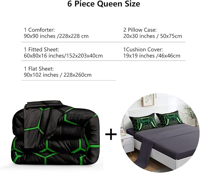 6 Pieces Gaming Bedding Set for Boys Gamer Comforter Set Queen Size,Video Game Comforter for Kids Adult 3D Gaming Geometric Microfiber Bedding Sets 6 Pieces Bed in A Bag Sets H50021,Queen