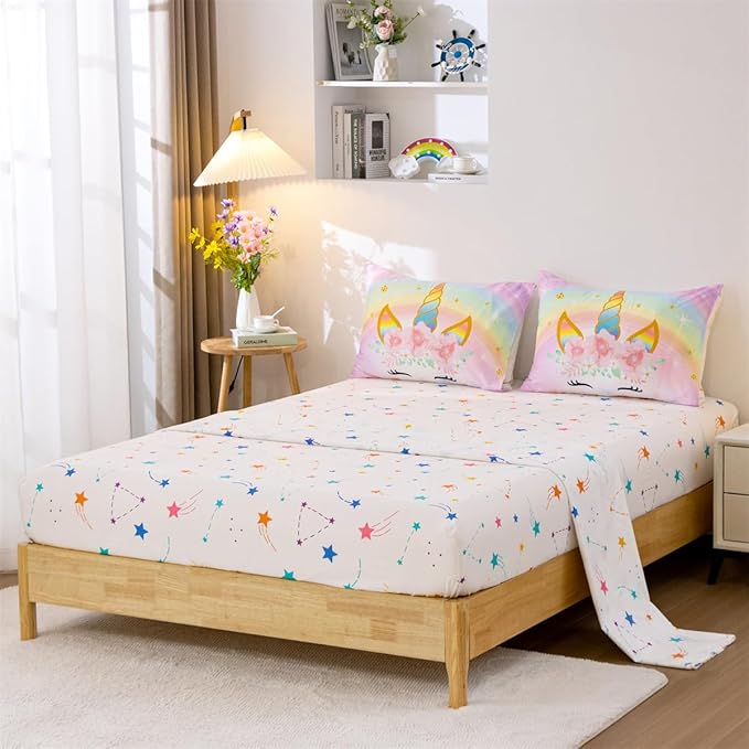 NTBED Unicorn Full Comforter Set with Sheets,5 Pieces Kids Bedding Sets for Girls, Lightweight Microfiber Star Floral Bed in a Bag, Rainbow