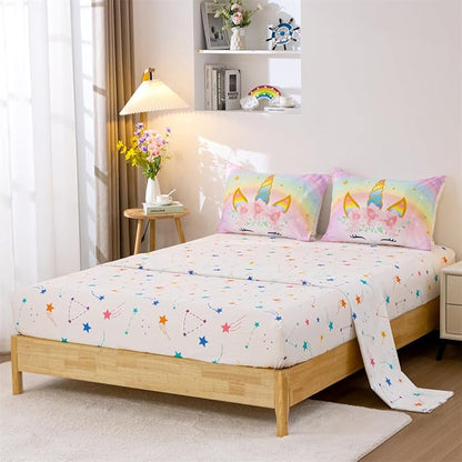 NTBED Unicorn Full Comforter Set with Sheets,5 Pieces Kids Bedding Sets for Girls, Lightweight Microfiber Star Floral Bed in a Bag, Rainbow