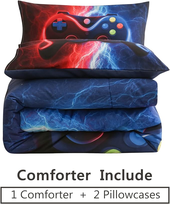 Meeting Story Gamer Gaming Bedding Sets Tie Dye Lightnings Gamepad Comforter Set for Boys Games Console Action Buttons Novelty Colorful Modern Room Decor Home Quilt Set (Queen, Red-Blue)