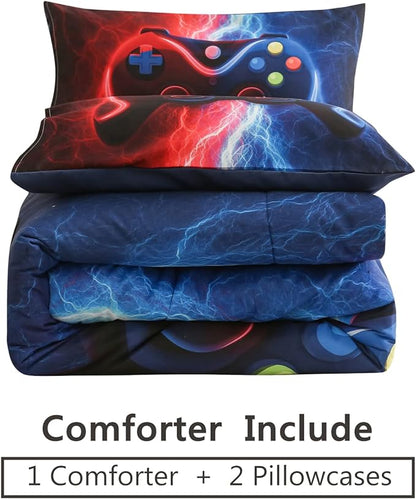Meeting Story Gamer Gaming Bedding Sets Tie Dye Lightnings Gamepad Comforter Set for Boys Games Console Action Buttons Novelty Colorful Modern Room Decor Home Quilt Set (Queen, Red-Blue)