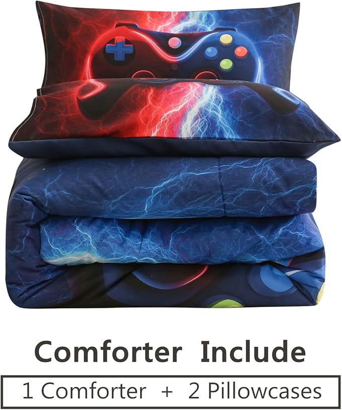 Meeting Story Gamer Gaming Bedding Sets Tie Dye Lightnings Gamepad Comforter Set for Boys Games Console Action Buttons Novelty Colorful Modern Room Decor Home Quilt Set (Twin, Red-Blue)
