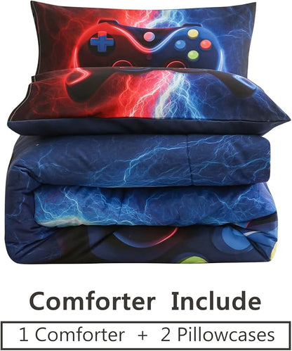 Meeting Story Gamer Gaming Bedding Sets Tie Dye Lightnings Gamepad Comforter Set for Boys Games Console Action Buttons Novelty Colorful Modern Room Decor Home Quilt Set (Twin, Red-Blue)