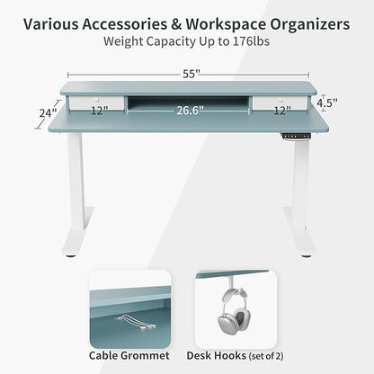 FEZIBO 55 x 24 Inch Height Adjustable Electric Standing Desk with Double Drawer, Stand Up Desk with Storage Shelf, Sit Stand Desk, Blue