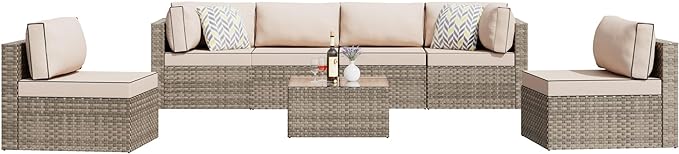 Shintenchi 7 Pieces Outdoor Patio Sectional Sofa Couch,Natural PE Wicker Furniture Conversation Sets with Washable Cushions & Glass Coffee Table for Garden, Poolside, Backyard (Khaki)