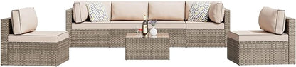 Shintenchi 7 Pieces Outdoor Patio Sectional Sofa Couch,Natural PE Wicker Furniture Conversation Sets with Washable Cushions & Glass Coffee Table for Garden, Poolside, Backyard (Khaki)