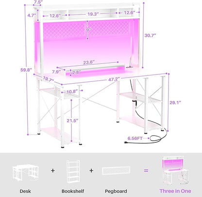 armocity 2024 Upgrade Gaming Desk with Hutch, 48'' Magic Computer Desk with LED Lights and Outlets, Reversible Workstation Desk with Pegboard and Monitor Stand, 48 Gamer Desk PC Table, White