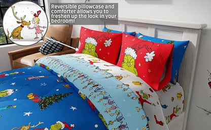 Franco Grinch by Dr. Seuss Holiday & Christmas Bedding Super Soft Comforter and Sheet Set with Sham, 7 Piece Full Size (Official Dr. Seuss product)