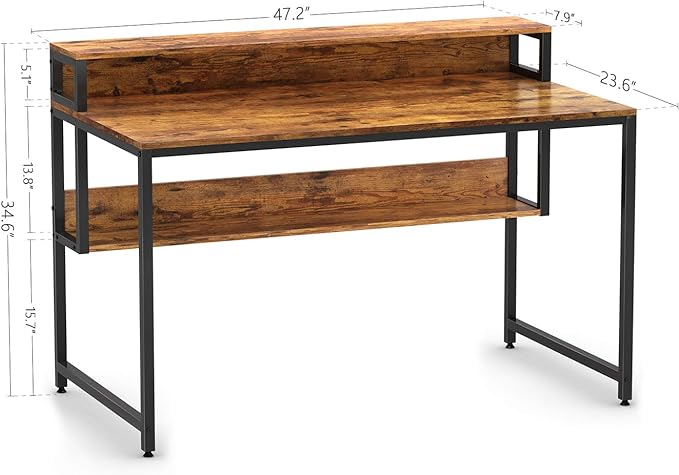 BANTI Computer Home Office Desk, 47" Small Desk Table with Storage Shelf and Bookshelf, Study Writing Table Modern Simple Style Space Saving Design, Black