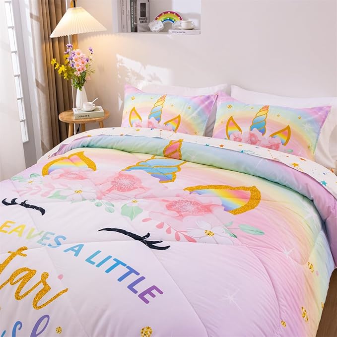 NTBED Unicorn Full Comforter Set with Sheets,5 Pieces Kids Bedding Sets for Girls, Lightweight Microfiber Star Floral Bed in a Bag, Rainbow