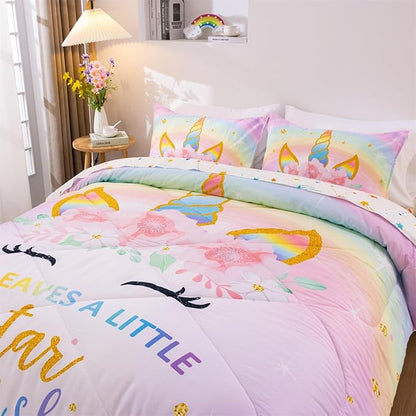 NTBED Unicorn Full Comforter Set with Sheets,5 Pieces Kids Bedding Sets for Girls, Lightweight Microfiber Star Floral Bed in a Bag, Rainbow