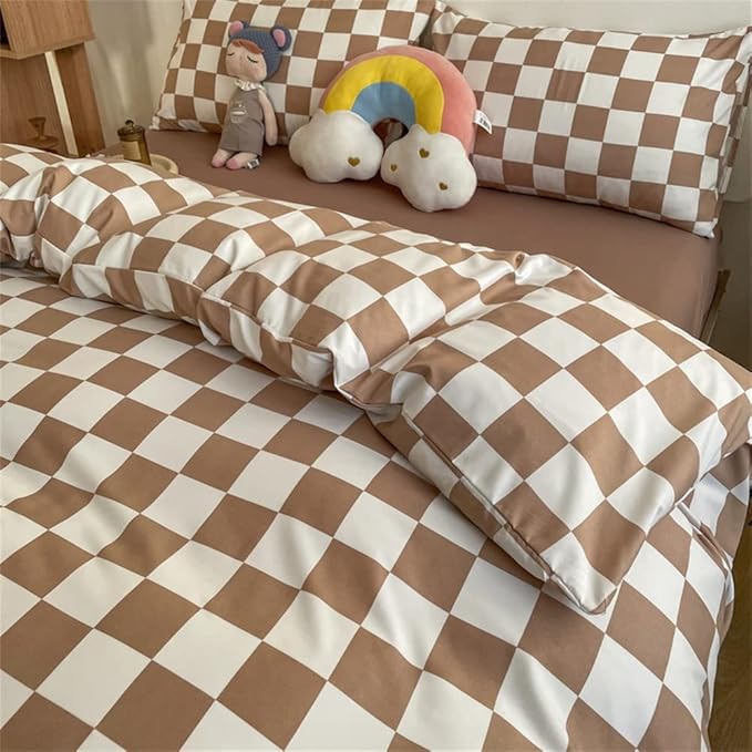 Wellboo Light Brown Plaid Comforter Sets King Women Men Cream Coffee and White Checkerboard Grid Bedding Comforters Cotton Boys Girls Modern Light Taupe Checkered Geometric Quilts Luxury Abstract Bed