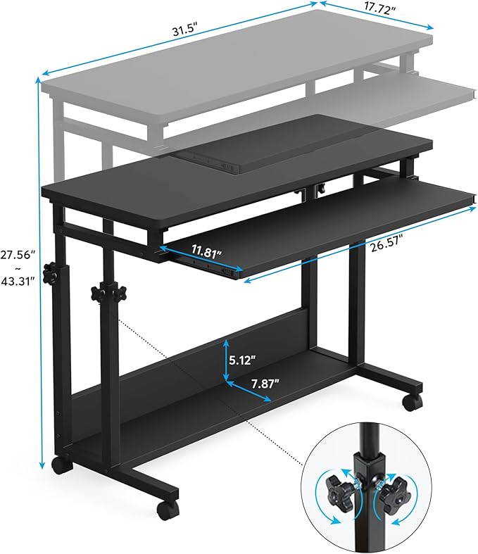 Tribesigns Portable Desk for Sofa and Bed, Height Adjustable Mobile Laptop Table Small Standing Desk Rolling Computer Cart with Keyboard Tray on Wheels for Home Office (Black)