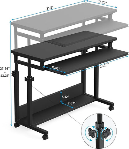 Tribesigns Portable Desk for Sofa and Bed, Height Adjustable Mobile Laptop Table Small Standing Desk Rolling Computer Cart with Keyboard Tray on Wheels for Home Office (Black)