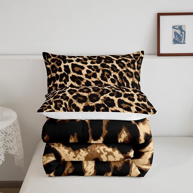 Leopard Print Comforter Set Black Brown Leopard Bedding Set Africa Leopard Pattern Duvet Set for Kids Boys Girls Children Women Bedroom Decorative Africa Wild Animal Theme Comforter Full Size 3Pcs