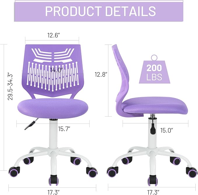 Kids Desk Chair, Armless Home Office Task Chair with Mesh Padded Cushion, Swivel Study Computer Chair with Rolling Wheels for Children Student, Purple