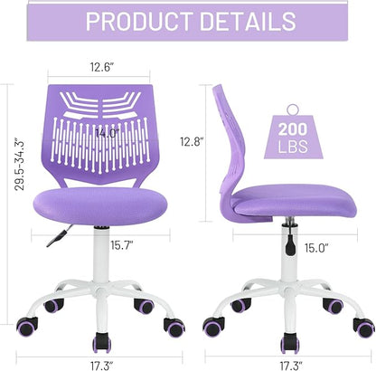 Kids Desk Chair, Armless Home Office Task Chair with Mesh Padded Cushion, Swivel Study Computer Chair with Rolling Wheels for Children Student, Purple
