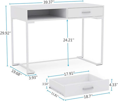 Tribesigns 40 Inch White Computer Desk, White Writing Desk with 2 Drawers, Modern Simple Study Desk Makeup Vanity Table for Bedroom Small Spaces