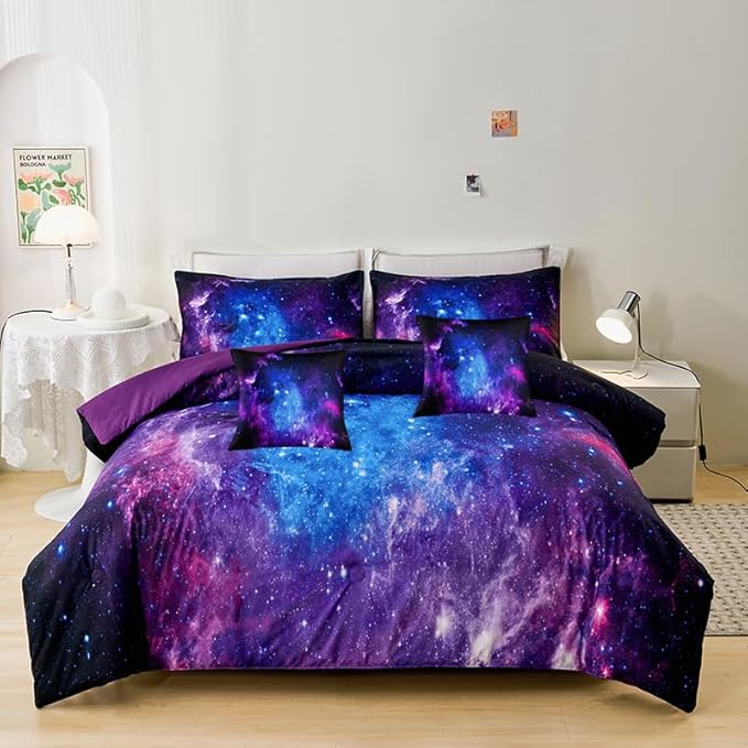 Full Size Comforter Sets for Girls 7PCS,Galaxy Bedding Sets,Bed Sets for Girls with Flat Sheet and Fitted Sheet,Pillowcases,Cushions,Purple Comforter Sets