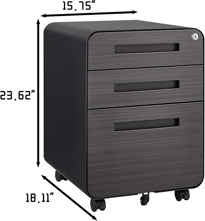 3 Drawer Mobile Desk Office with Lock and Wheels,Versatile Storage Cabinets w/Anti-Tilting Cold Rolled Steel Waterproof Moisture-Proof,for Legal/Letter/A4 Files,Dark Brown
