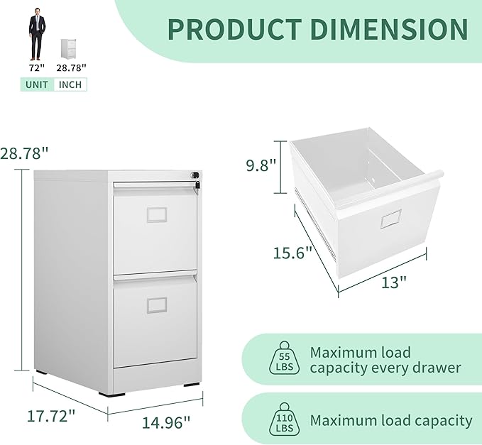 2 Drawer File Cabinet,Metal Vertical File Cabinets with Lock for Home Office,Heavy Duty Office Steel Filing Cabinet for Hanging Letters/Legal/A4, Assembly Required (White)