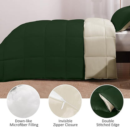 Basic Beyond Queen Comforter Set - Fluffy Comforter Queen Set for All Seasons - Reversible Forest Green Queen Comforter Set for Mens - 3 Pieces (1 Comforter + 2 Pillow Shams) - Forest Green/Ivory