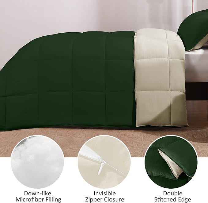 Basic Beyond King Size Comforter Set - Fluffy King Bed Comforter Set for All Seasons - Reversible Forest Green King Size Comforter Set - 3 Pieces (1 Comforter + 2 Pillow Shams) - Forest Green/Ivory