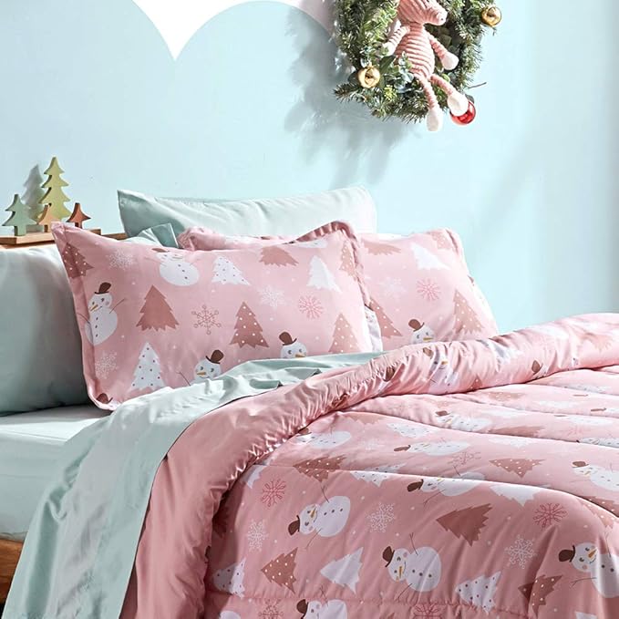 SLEEP ZONE Kids Twin Bedding Comforter Set - Super Cute & Soft Kids Bedding 5 Pieces Set with Comforter, Sheet, Pillowcase & Sham (Pink Snowman)