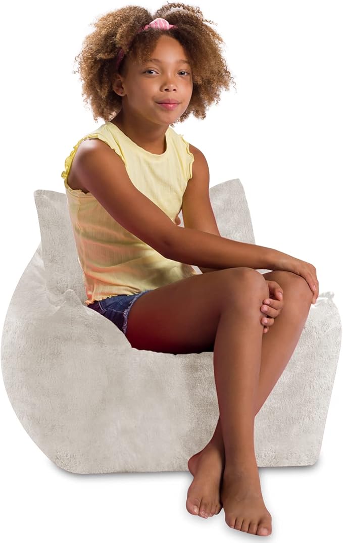 Posh Creations Structured Comfy Bean Bag Chair for Gaming, Reading, and Watching TV, Newport Chair, Rabbit Fur - Cream