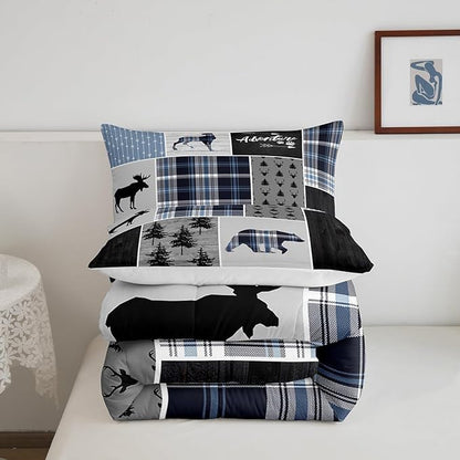 Rustic Adventure Kids Comforter Set King Size,Deer Bear Pine Trees Xmas Bedding Set for Boys Girls Adults Room Decor,Plaids Arrows Wooden Patchwork Down Comforter,Blue Duvet Insert,2 Pillowcases