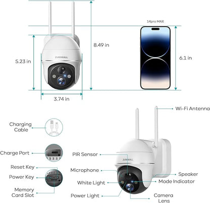 ZUMIMALL Security Cameras Wireless Outdoor - 2 Packs, 360°View Outdoor Camera Wireless Solar Powered,2.4G WiFi, Spotlight/Siren//3MP Color Night Vision/AI Detection/IP66/Cloud/Alert, Work with Alexa
