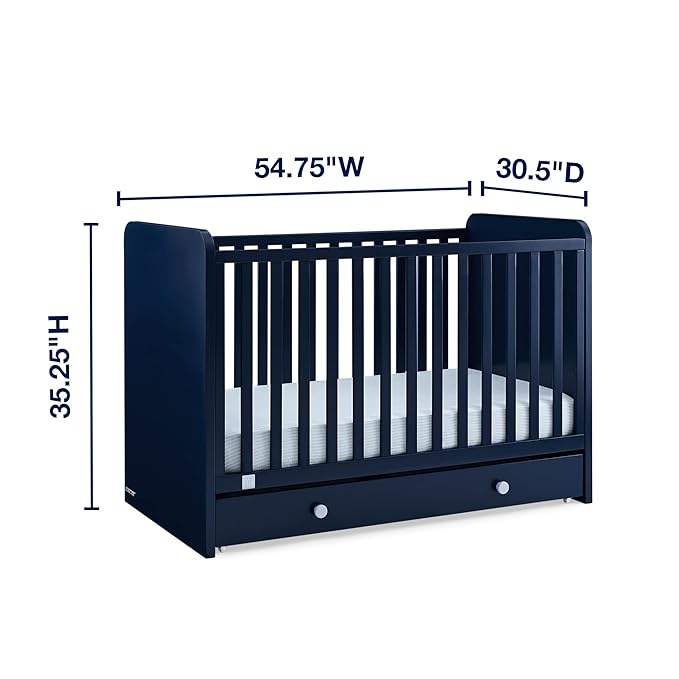 babyGap by Delta Children Graham 4-in-1 Convertible Crib with Storage Drawer TrueSleep Crib and Toddler Mattress (Bundle), Navy/Light Blue
