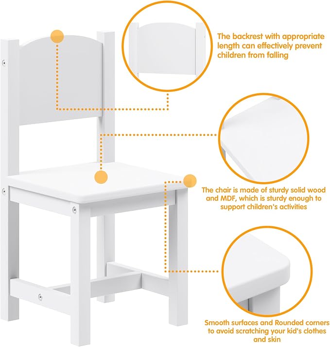 Timy Toddler Wooden Chair Pair, Kids Furniture for Eating, Reading, Playing 2 Pack (White)