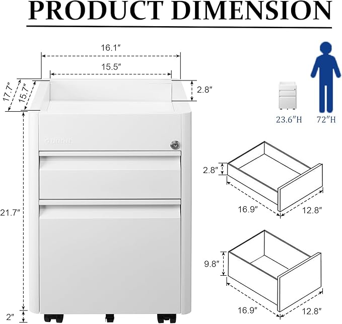 2 Drawer Mobile File Cabinet Top Storage Shelf, Rolling Metal Filing Cabinet for Legal & Letter File Anti-tilt Design with Lock Under Desk Office Drawers Fully Assembled Except Casters(Top ST W)
