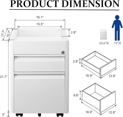 2 Drawer Mobile File Cabinet Top Storage Shelf, Rolling Metal Filing Cabinet for Legal & Letter File Anti-tilt Design with Lock Under Desk Office Drawers Fully Assembled Except Casters(Top ST W)