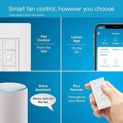 Lutron Caseta Smart Fan Speed Control Switch (Lutron Smart Hub Required), Single-Pole, PD-FSQN-IV, Ivory