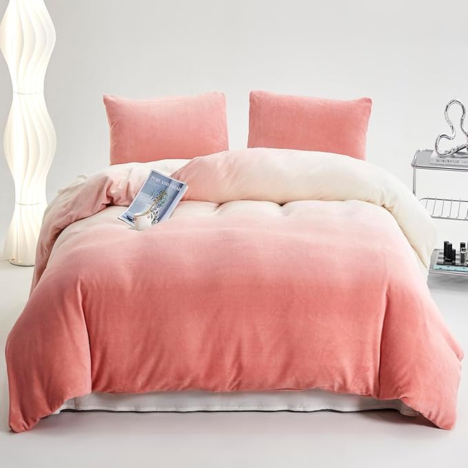Pink White Gradient Comforter Set Twin Pink Velvet Bedding Comforter Modern Plain White and Pink Gradient Soft Quilt Farmhouse Flannel Comforter Girls Women Warm Twin Bed Comforter