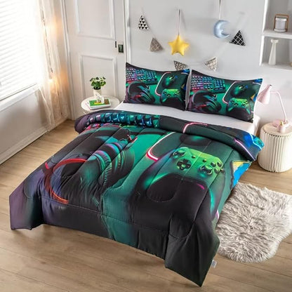 Gamer Comforter Sets for Teen Boys,Gaming Bedding Sets Full,Video Game Bedspread,Game Gamepad Bed Set,Controller Bedding Gamer Home Decor 3 Piece 1 Comforter and 2 Pillowcases