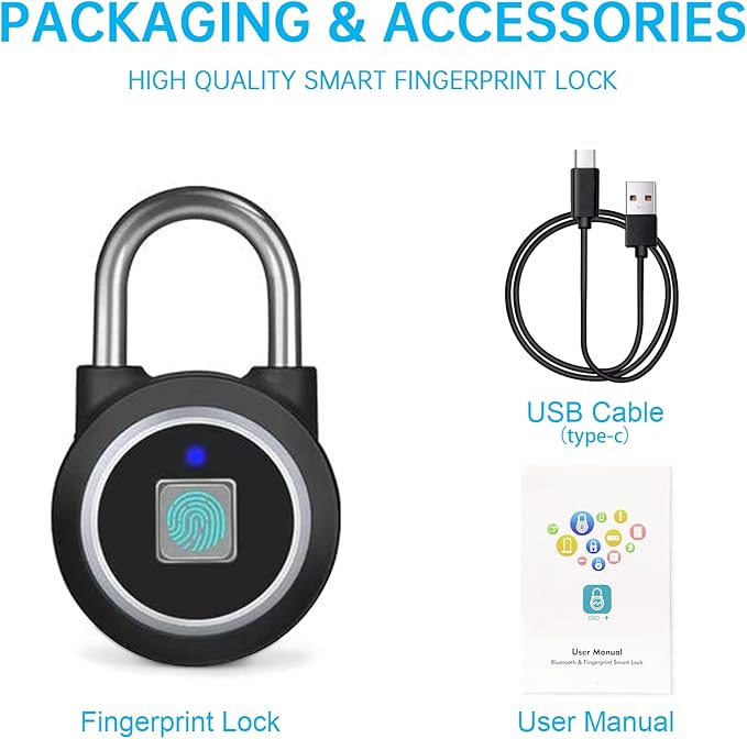 Fingerprint Padlock, Bluetooth Lock, Mobile APP, MEGAFEIS Smart Padlock with Keyless Biometric, Water Resistant, Suitable for Gym, Sports, Bike, School, Fence and Storage(Black)