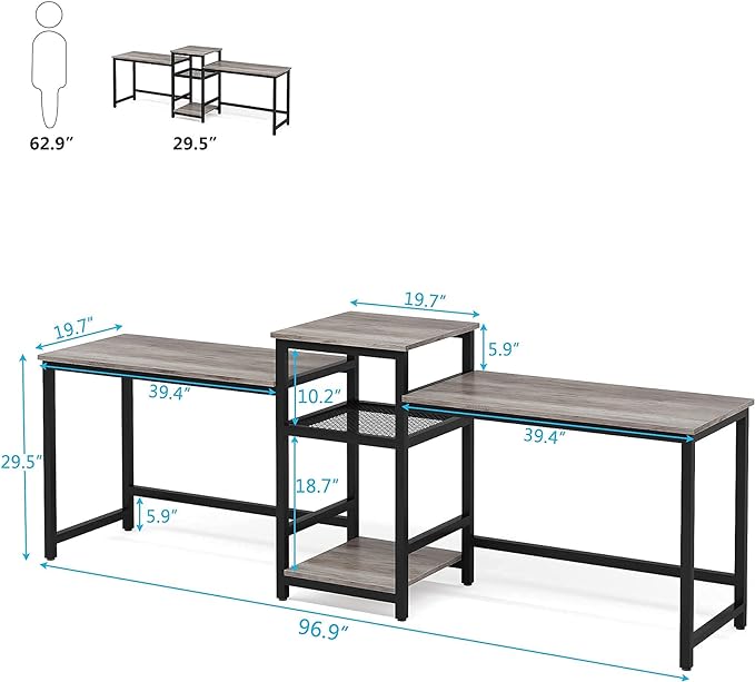 Tribesigns Extra Long Two Person Desk with Storage Shelves, 96.9 inch Double Computer Desks with Printer Shelf for 2 People, Rustic Writing Desk Workstation for Home Office