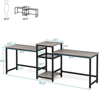 Tribesigns Extra Long Two Person Desk with Storage Shelves, 96.9 inch Double Computer Desks with Printer Shelf for 2 People, Rustic Writing Desk Workstation for Home Office