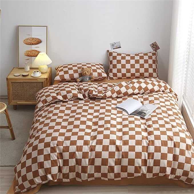 Wellboo Light Brown Plaid Comforter Sets King Women Men Cream Coffee and White Checkerboard Grid Bedding Comforters Cotton Boys Girls Modern Light Taupe Checkered Geometric Quilts Luxury Abstract Bed