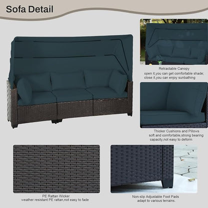 6 PCS Outdoor Patio Furniture Set,Sectional Sofa Set,Rattan Daybed with Retractable Canopy,Adjustable Backrest,Storage Coffee Table,Chaise Chair Sunbed for Garden Poolside Backyard(Sky Blue)