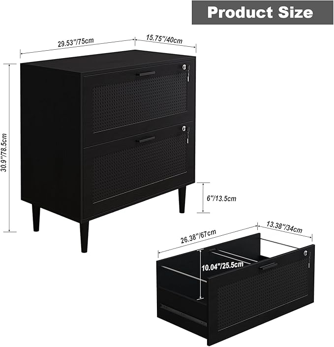 2 Drawer File Cabinet, Lateral File Cabinet with Lock, Rattan Wood Filing Organization Cabinet for Home Office, Black