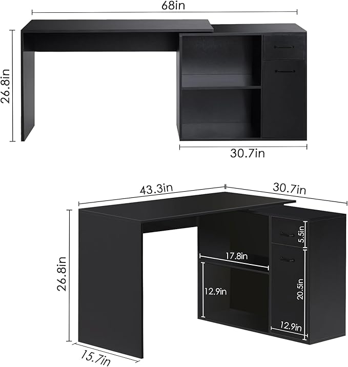 L-Shaped Rotating Computer Desk with Storage Shelves 68 inch Home Office Desk Corner with Drawers and File Cabinet Multipurpose Study Writing Table for Bedroom Small Space Black