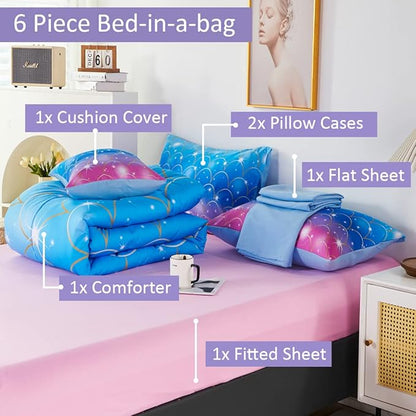 URBONUR 6 Pcs Mermaid Comforter Set Twin Size Gradient Pink and Blue Twin Bedding Sets for Girls/Kids/Teen, Colorful Glitter Printed Bed in a Bag Comforter with Sheet Set