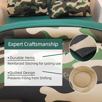 Meeting Story Camouflage Bedding Set, Green Camouflage Comforter Set, 5 PCS One Comforter and Two Pillowases, All Season Soft Bedspread for Boys Teens Adults (Green, Twin 5Pcs)